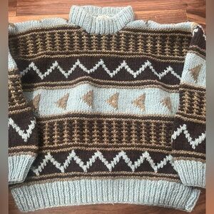 Wool chunky knit sweater geometric design blue and browns ladies M/L boxy fit